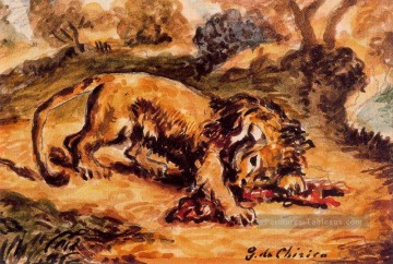 Lion dévorant un morceau de viande Giorgio de Chirico Peinture à l'huile